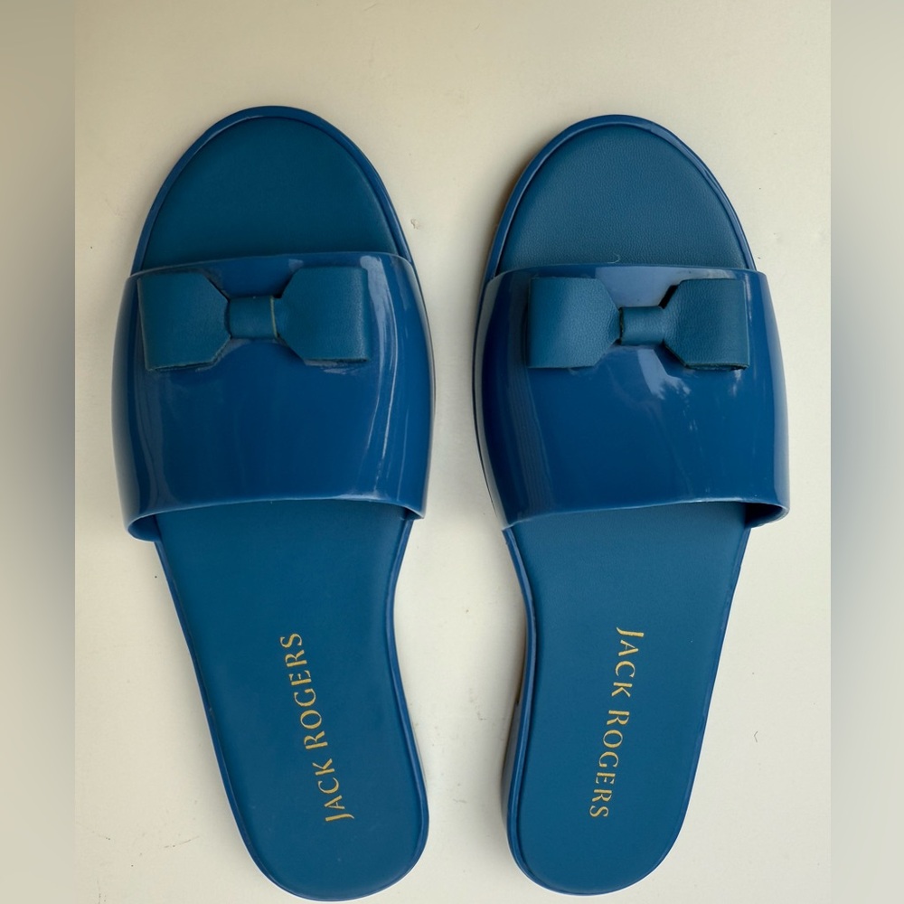 Jack Rogers Blue Jelly Slides Sandals, Front Bow, made in Brazil, NWOT, size 8
